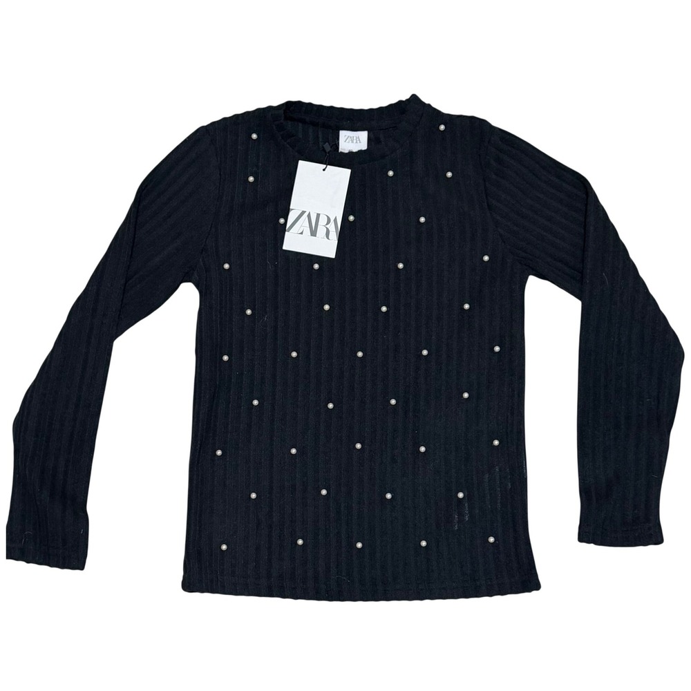 Zara Ribbed Top Girls 10 Black Faux Pearl Embellished Long Sleeve Crew Neck Chic
